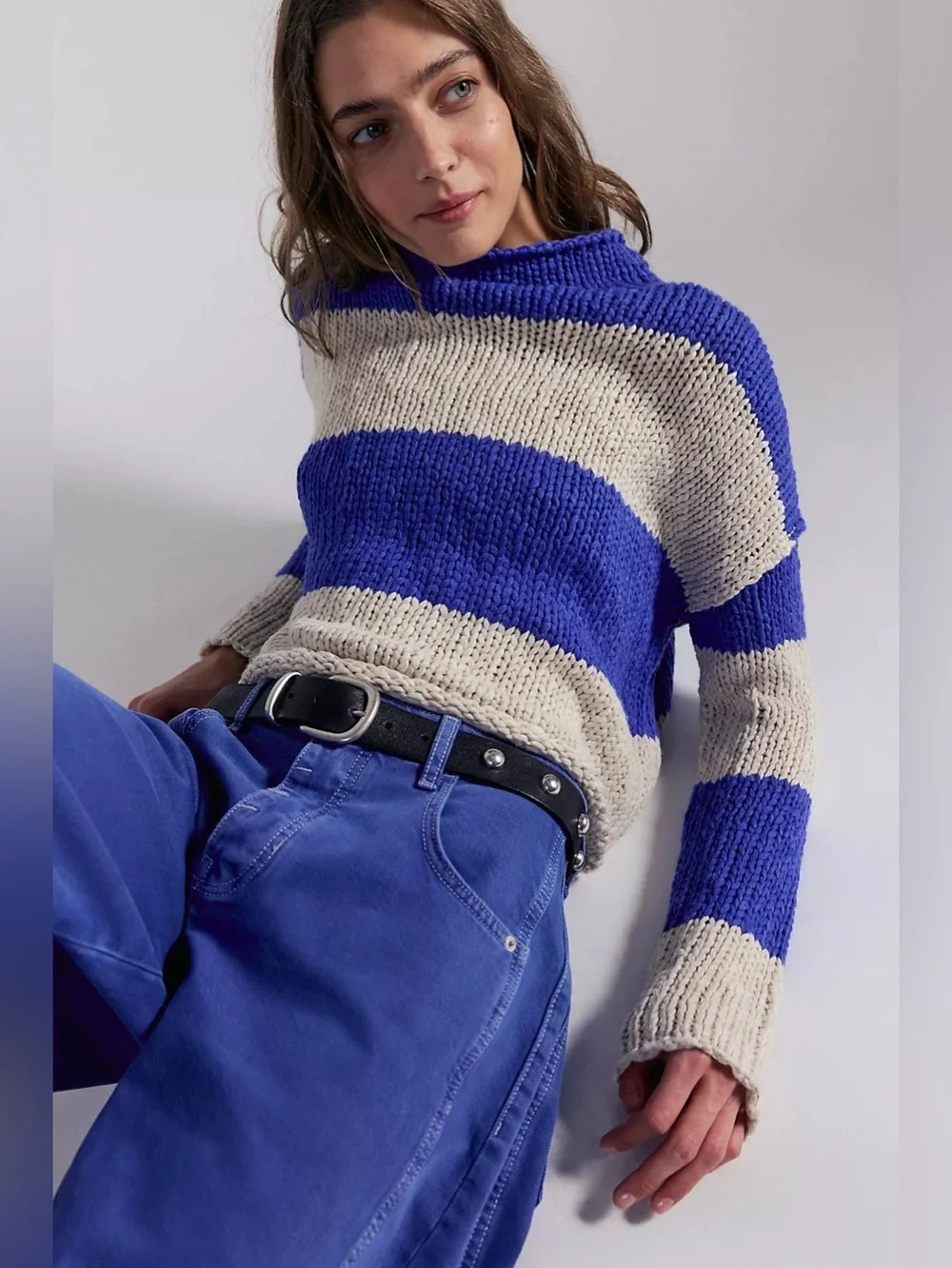 NWT FREE PEOPLE Opal Rollneck Knit Stripe Sweater | Cobalt Combo MSRP $128 M